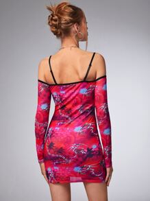 SHEIN ICON Bikercore Letter and Chain Print Cold Shoulder Mesh Bodycon Dress - Multicolor - View 2