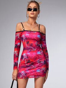 SHEIN ICON Bikercore Letter and Chain Print Cold Shoulder Mesh Bodycon Dress - Multicolor - View 4