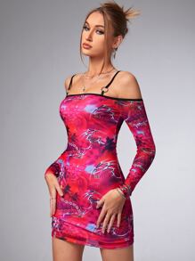 SHEIN ICON Bikercore Letter and Chain Print Cold Shoulder Mesh Bodycon Dress - Multicolor - View 5