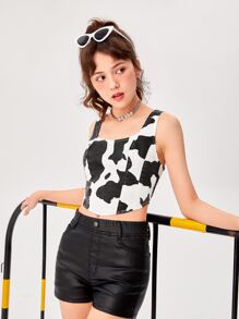 Chicas adolescentes Top en mezclilla con estampado de vaca - Blanco y Negro - Ver 1