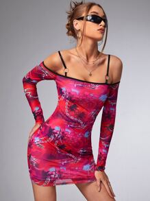 SHEIN ICON Bikercore Letter and Chain Print Cold Shoulder Mesh Bodycon Dress - Multicolor - View 6