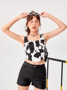 Chicas adolescentes Top en mezclilla con estampado de vaca - Blanco y Negro - Ver 5