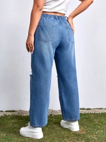 SHEIN EZwear Plus Ripped Straight Leg Jeans - Medium Wash - View 2