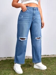 SHEIN EZwear Plus Ripped Straight Leg Jeans - Medium Wash - View 1