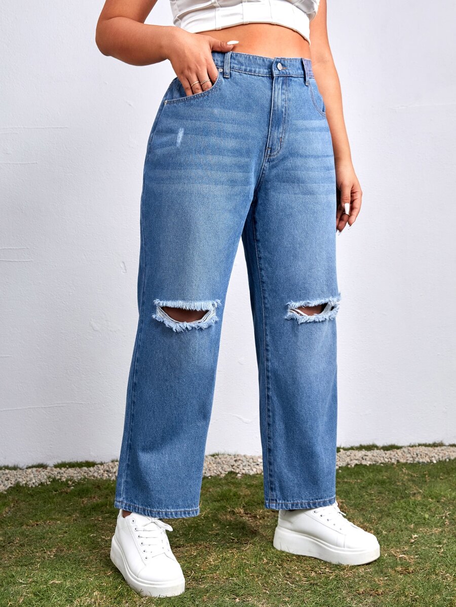 SHEIN EZwear Plus Ripped Straight Leg Jeans - Medium Wash - View 1