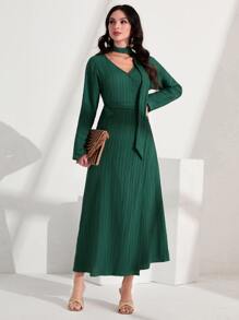 Modelyn Choker Neck Belted Dress - Dark Green - View 1