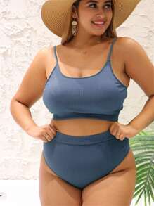 SHEIN Swim Curve Plus Size Ribbed Bikini Set Adjustable Strap Cami Top & High Waisted Bottom 2 Pieces Bikini Bathing Suits Plus Summer Beach - Dusty Blue - View 4