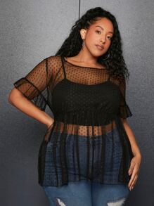 SHEIN CURVE+ áo nữ kích thước lớn Xù Viên lá sen cắt màu trơn Gợi cảm - màu đen - Xem 1