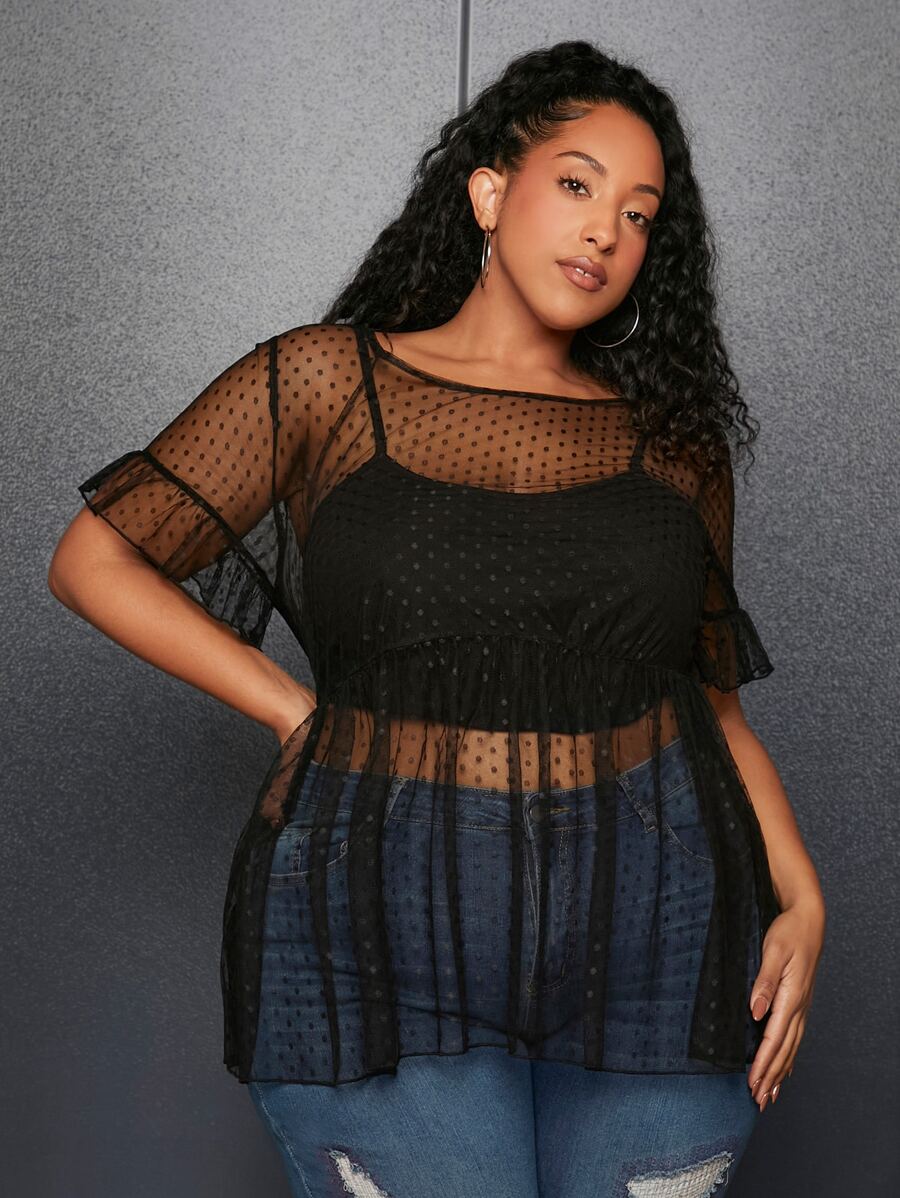 SHEIN CURVE+ áo nữ kích thước lớn Xù Viên lá sen cắt màu trơn Gợi cảm - màu đen - Xem 1