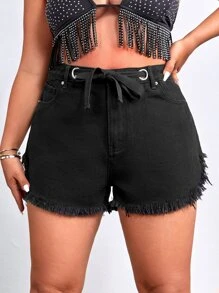 Plus Raw Hem Belted Denim Shorts - Black - View 6