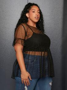 SHEIN CURVE+ áo nữ kích thước lớn Xù Viên lá sen cắt màu trơn Gợi cảm - màu đen - Xem 4