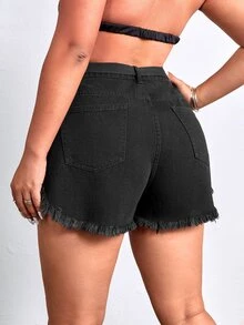 Plus Raw Hem Belted Denim Shorts - Black - View 2