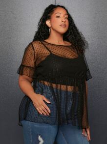 SHEIN CURVE+ áo nữ kích thước lớn Xù Viên lá sen cắt màu trơn Gợi cảm - màu đen - Xem 5