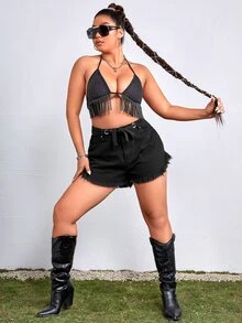 Plus Raw Hem Belted Denim Shorts - Black - View 3