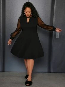 SHEIN CURVE+ Plus Contrast Mesh Keyhole Neckline Dress - Black - View 3