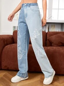 Chinese Dragon & Lightning Print Wide Leg Jeans - Light Wash - View 4