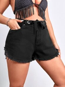 Plus Raw Hem Belted Denim Shorts - Black - View 5