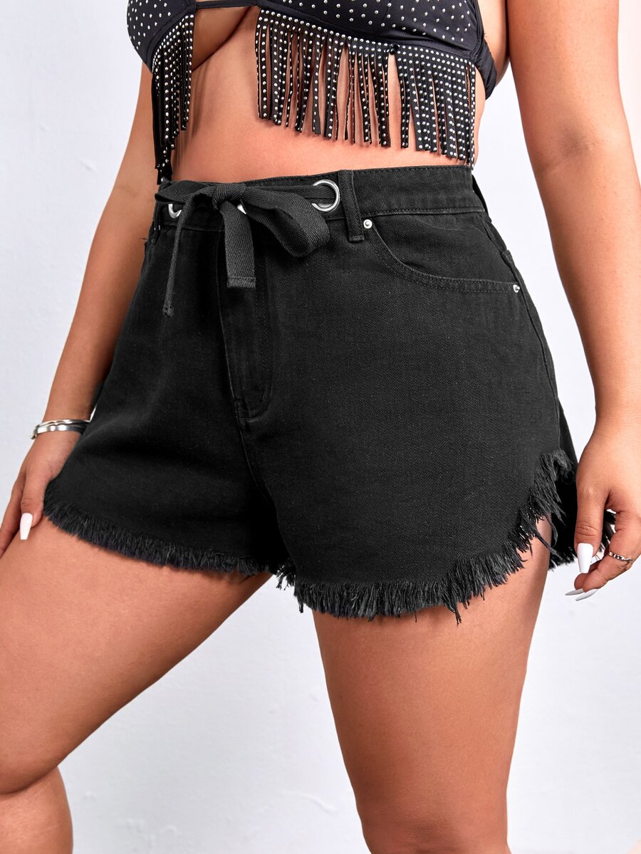 Plus Raw Hem Belted Denim Shorts - Black - View 1