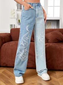 Chinese Dragon & Lightning Print Wide Leg Jeans - Light Wash - View 5