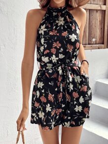 SHEIN VCAY Mono con estampado floral de cuello halter con cinturón - Negro - Ver 1
