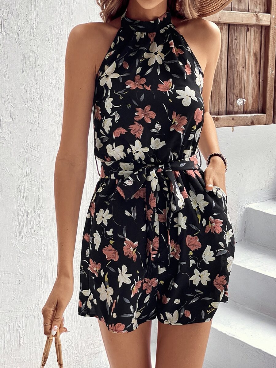 SHEIN VCAY Mono con estampado floral de cuello halter con cinturón - Negro - Ver 1