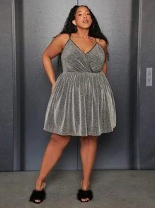 SHEIN CURVE+ Plus Glitter Cami Dress - Silver - View 6