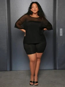 SHEIN CURVE+ Plus Drop Shoulder Mesh Top With Tube Top & Cycling Shorts - Black - View 4