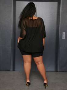 SHEIN CURVE+ Plus Drop Shoulder Mesh Top With Tube Top & Cycling Shorts - Black - View 3