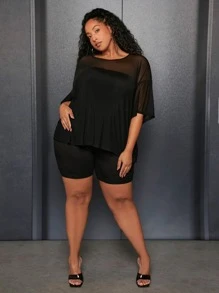 SHEIN CURVE+ Plus Drop Shoulder Mesh Top With Tube Top & Cycling Shorts - Black - View 6