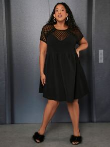SHEIN CURVE+ Plus Contrast Mesh Raglan Sleeve Dress - Black - View 6
