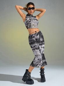 SHEIN ICON Bộ đồ hai mảnh nữ Chia Con số Lá thư Giải trí - Xám - Xem 3