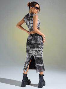 SHEIN ICON Bộ đồ hai mảnh nữ Chia Con số Lá thư Giải trí - Xám - Xem 2