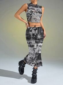 SHEIN ICON Bộ đồ hai mảnh nữ Chia Con số Lá thư Giải trí - Xám - Xem 4