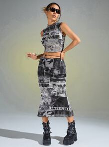 SHEIN ICON Bộ đồ hai mảnh nữ Chia Con số Lá thư Giải trí - Xám - Xem 5