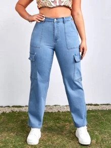 Plus Flap Pocket Cargo Jeans - Light Wash - View 3