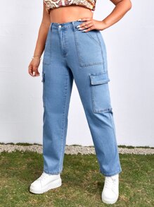 Plus Flap Pocket Cargo Jeans - Light Wash - View 1