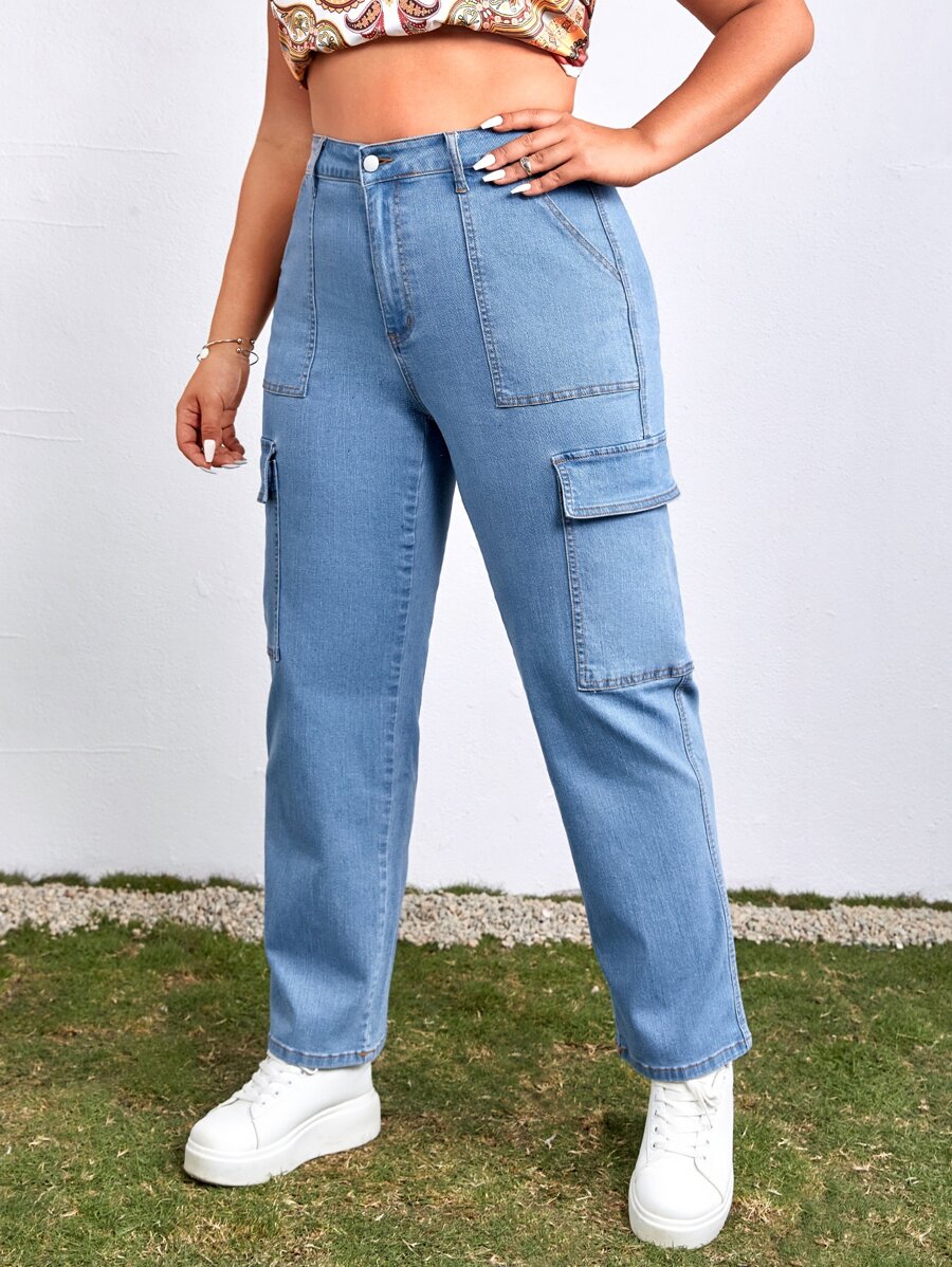 Plus Flap Pocket Cargo Jeans - Light Wash - View 1