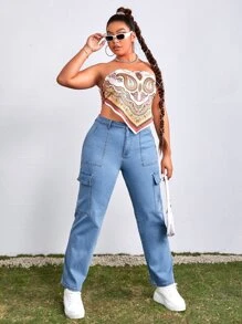 Plus Flap Pocket Cargo Jeans - Light Wash - View 4