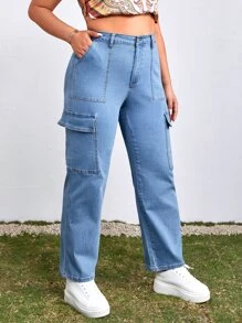 Plus Flap Pocket Cargo Jeans - Light Wash - View 5