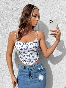 SHEIN EZwear Top de tirantes crop con estampado de mariposa - Blanco - Ver 5