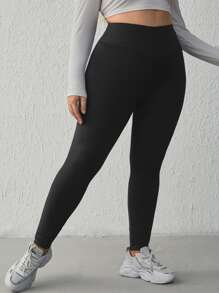 SHEIN EZwear Plus Solid High Waist Leggings - Black - View 5