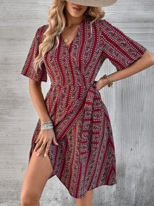 SHEIN VCAY Allover Print Wrap Front Dress - Red - View 1
