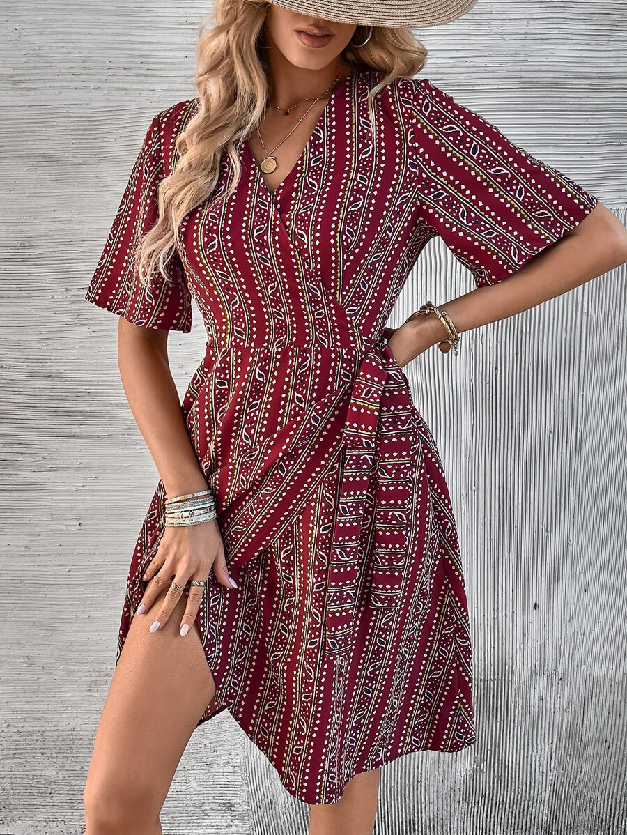SHEIN VCAY Allover Print Wrap Front Dress - Red - View 1