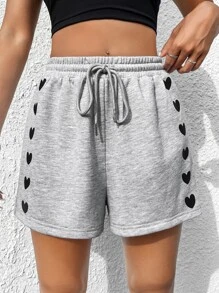 Muchica Heart Print Drawstring Waist Shorts - Light Grey - View 1