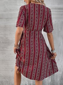 SHEIN VCAY Allover Print Wrap Front Dress - Red - View 2