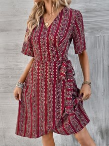 SHEIN VCAY Allover Print Wrap Front Dress - Red - View 4