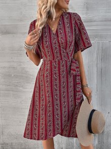 SHEIN VCAY Allover Print Wrap Front Dress - Red - View 5