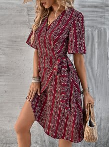 SHEIN VCAY Allover Print Wrap Front Dress - Red - View 6