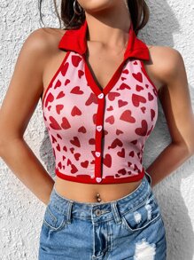 SHEIN Qutie Áo hai dây Lộ Lưng Nút phía trước Tim Tất cả trên in Gợi cảm - Hồng - Xem 1