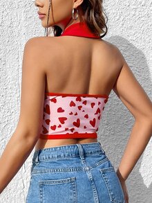 SHEIN Qutie Áo hai dây Lộ Lưng Nút phía trước Tim Tất cả trên in Gợi cảm - Hồng - Xem 2